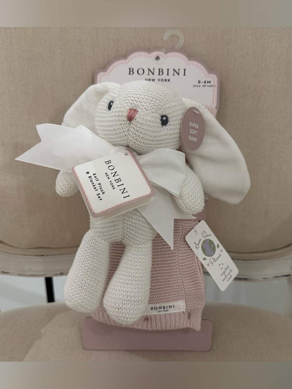 🤍 Bonbini New York Plush Knit Bunny Toy & Dusty Rose Blush Baby Blanket Set NWT